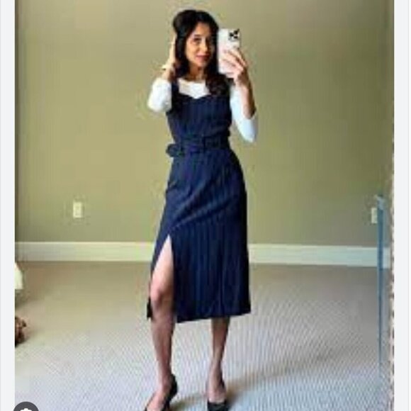 Banana Republic Belted Sheath Midi Dress Navy Stripe Size 10 - Picture 2 of 9
